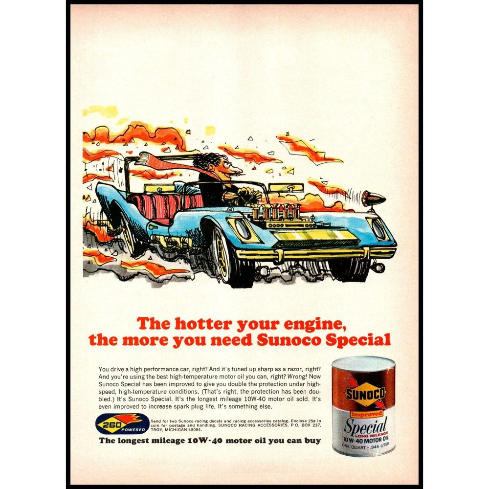 1971 Sunoco Special Long Mileage Motor Oil Vintage Print Ad Race Car Wall Art